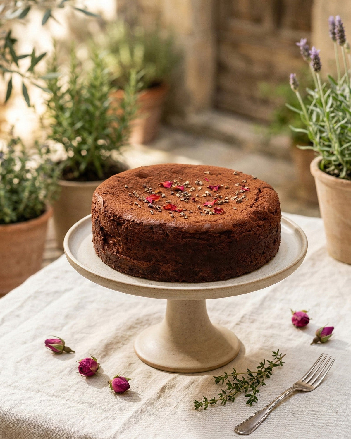 A round chocolate brownie cake topped with rose petals and pistachio on a cream cake stand