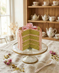 Pistachio Rose Cake cut open to show four green sponge layers, with pink icing, a sugared rose petal and chopped pistachios