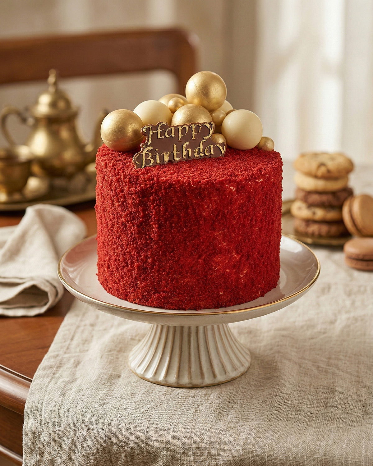 Red velvet birthday cake with gold spheres and a Happy Birthday topper