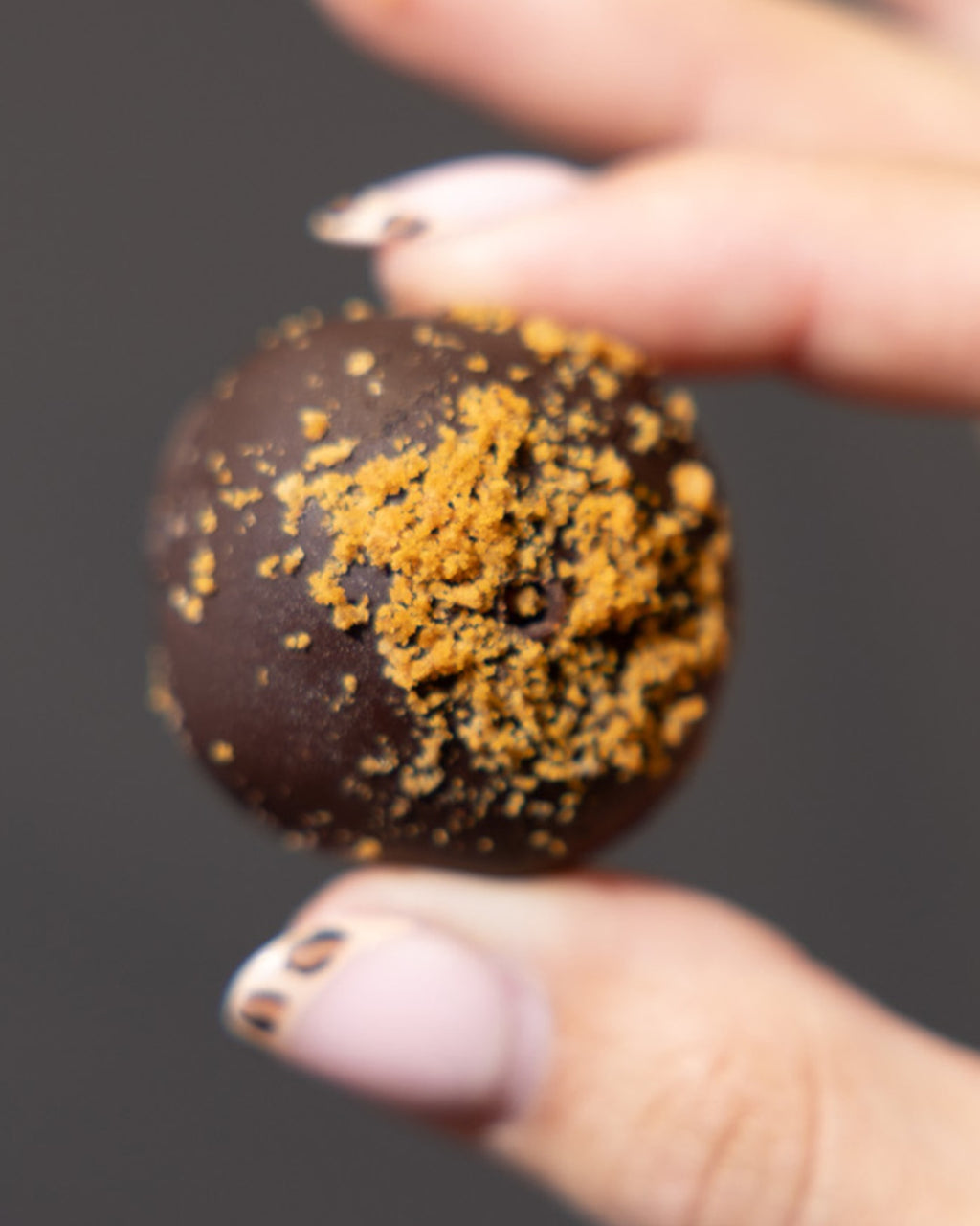 Biscoff Protein Ball by La Sura Bakery: a chocolate-coated ball topped with Biscoff crumb, held up close