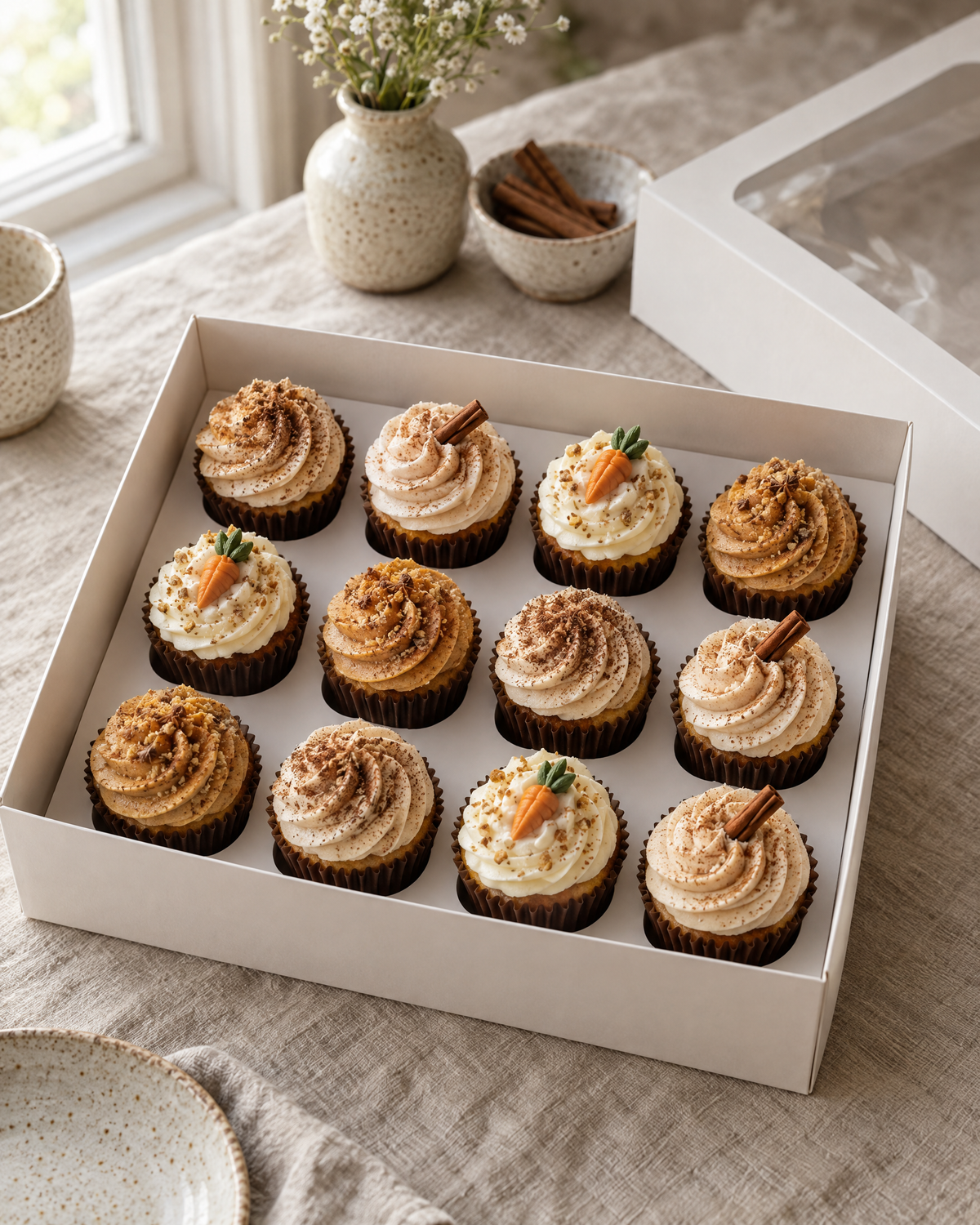 Autumn Spice Cupcakes: twelve cupcakes in brown cases: latte swirls dusted with cocoa, cinnamon swirls with a cinnamon stick, spiced carrot with a tiny piped carrot and pumpkin spice swirls