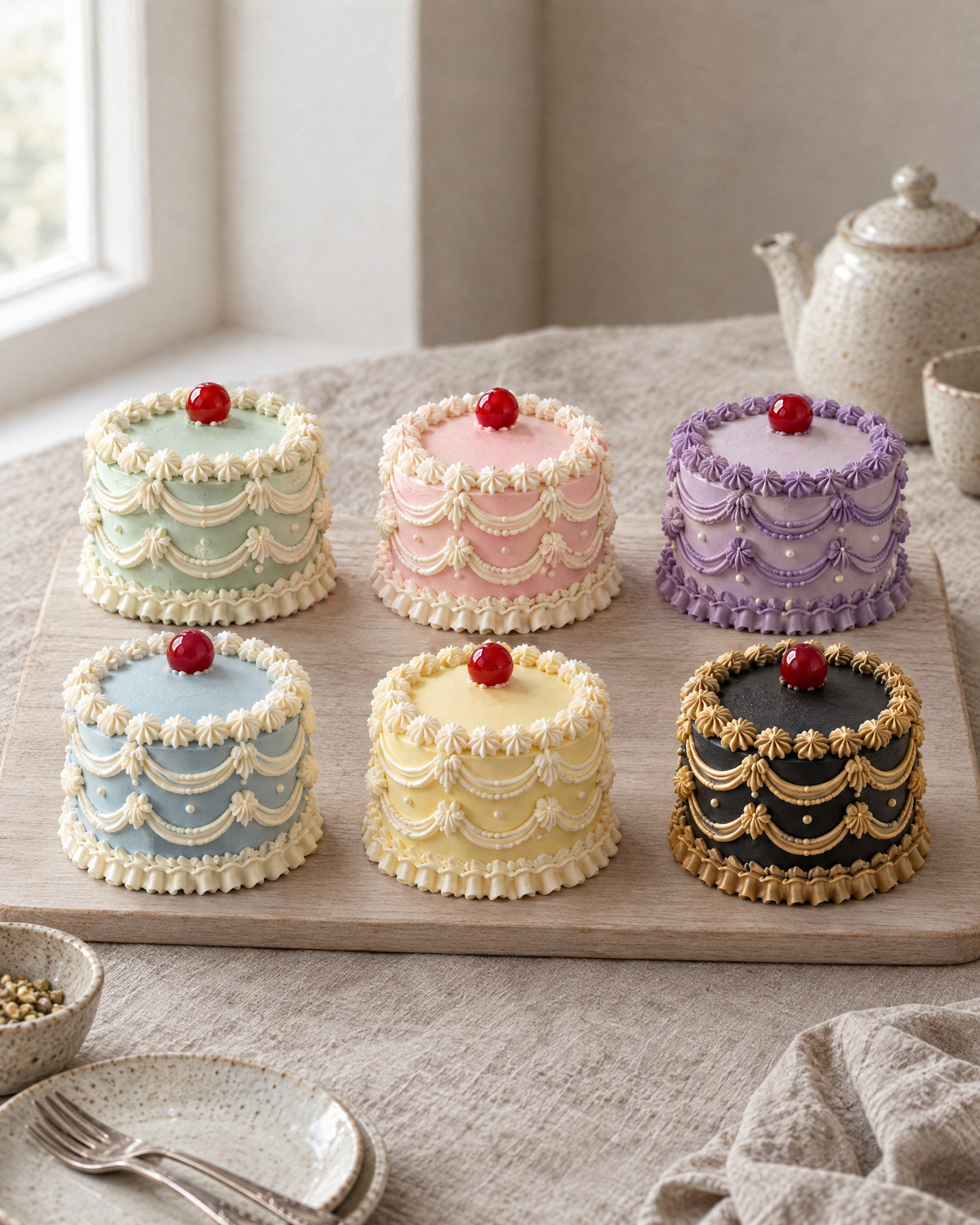 Bento Party Board: six 4 inch bento cakes in six of our colourways, each with lambeth piping and a cherry