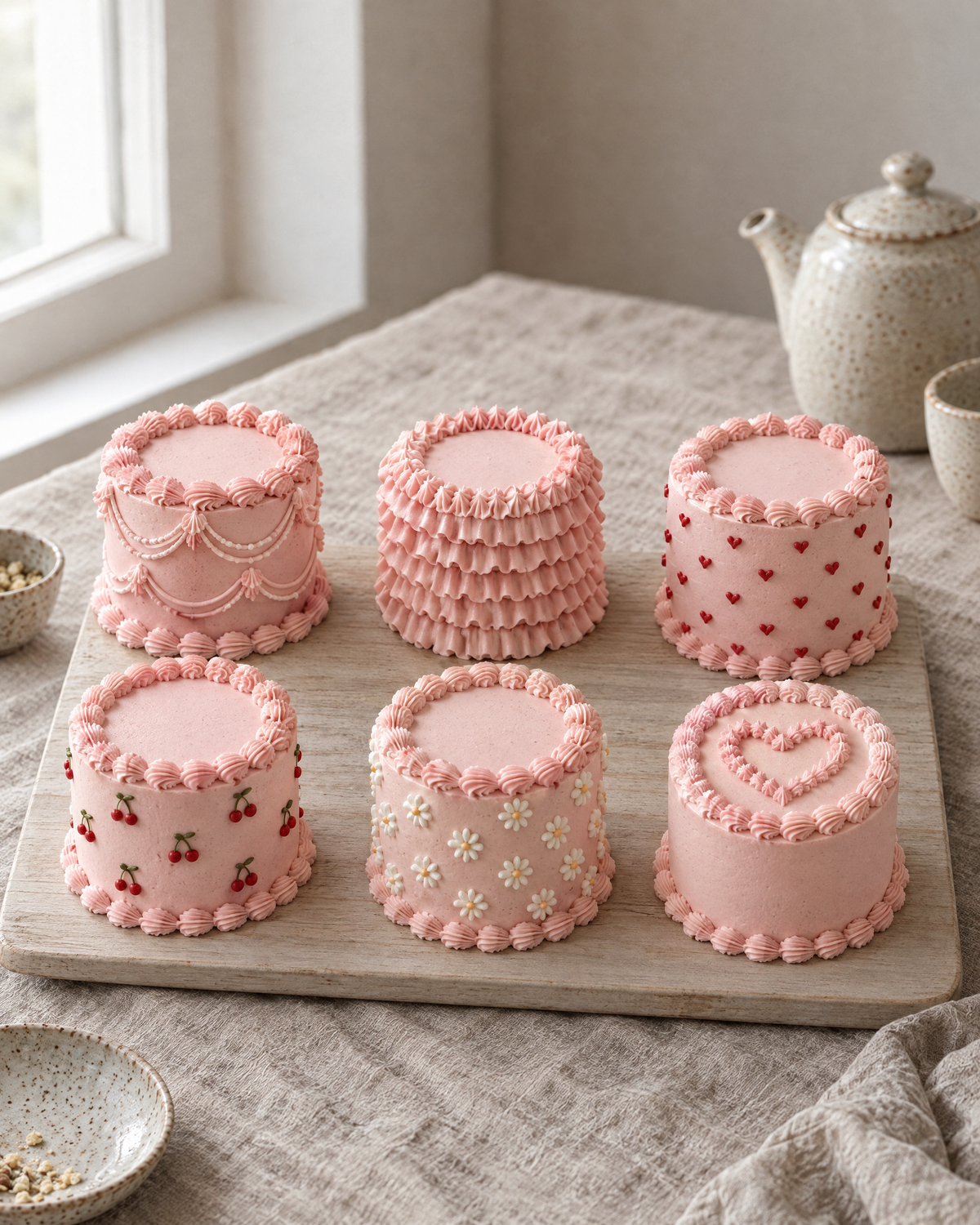 Bento Party Board: six 4 inch bento cakes, each piped in a different lambeth style