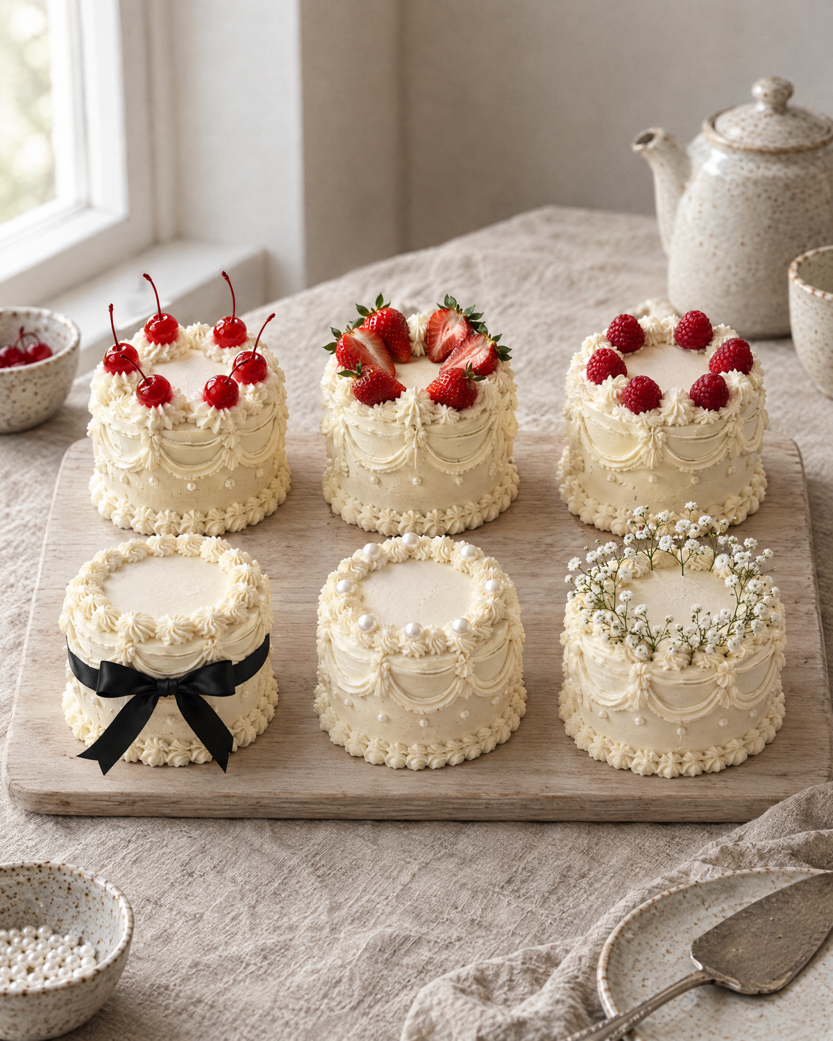 Bento Party Board: six 4 inch bento cakes, each finished with a different topping