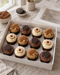 Biscuit Tin Cupcakes: twelve cupcakes in brown cases with caramel, chocolate and vanilla swirls, each topped with a whole biscuit: a speculoos biscuit, a chocolate sandwich cookie, a bourbon or a jam ring