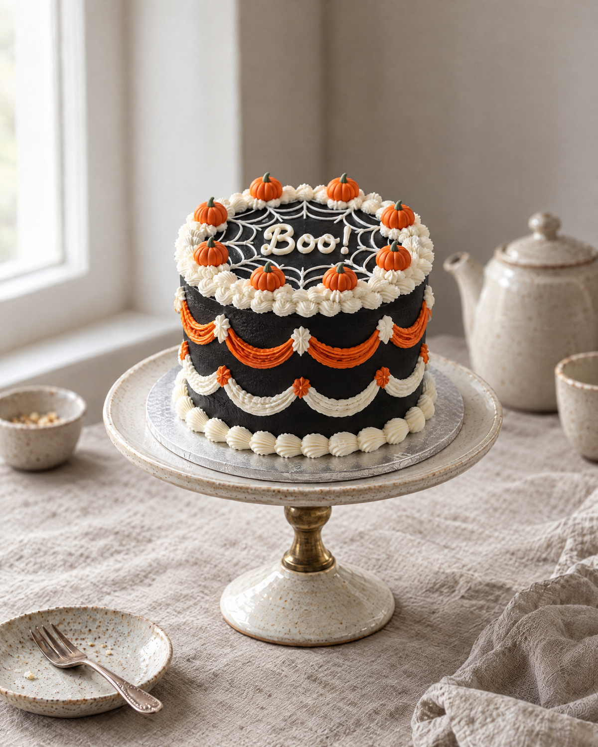 Boo! Lambeth Cake in black buttercream with orange and white piped swags, a white piped cobweb, little sugar pumpkins round the top and Boo! piped on top
