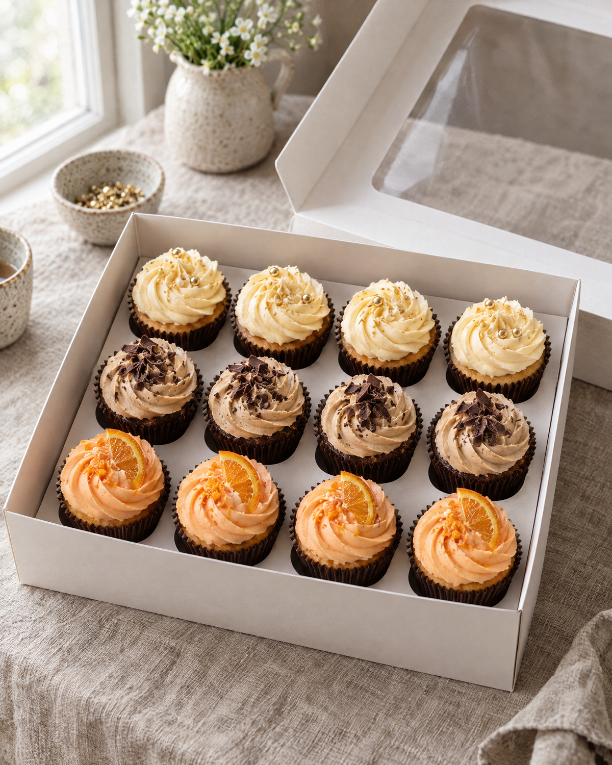 Boozy Cupcake Box: twelve cupcakes in an open white box, three flavours in rows of four: prosecco swirls in pale gold with gold sugar pearls, Baileys coffee swirls with chocolate shavings, and Aperol orange swirls with a thin slice of candied orange