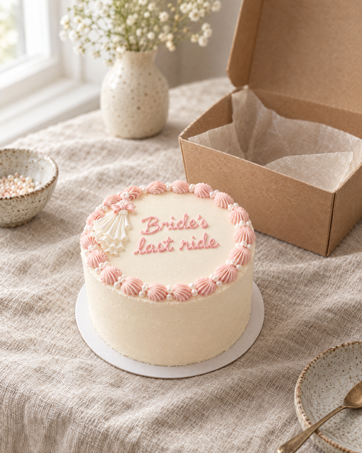 Bride's Last Ride Bento: a 4 inch bento cake in smooth white buttercream with a blush pink shell border round the top edge and a tiny piped white bridal veil with a pink bow at one side of the top