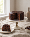 Caribbean Black Cake, a round very dark rum-soaked fruit cake with a glossy top and a slice cut out to show the dense dark crumb