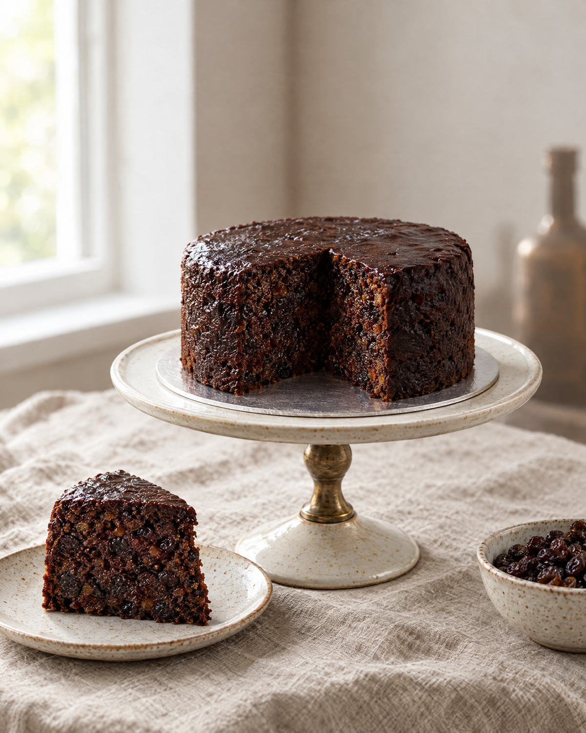 Caribbean Black Cake, a round very dark rum-soaked fruit cake with a glossy top and a slice cut out to show the dense dark crumb