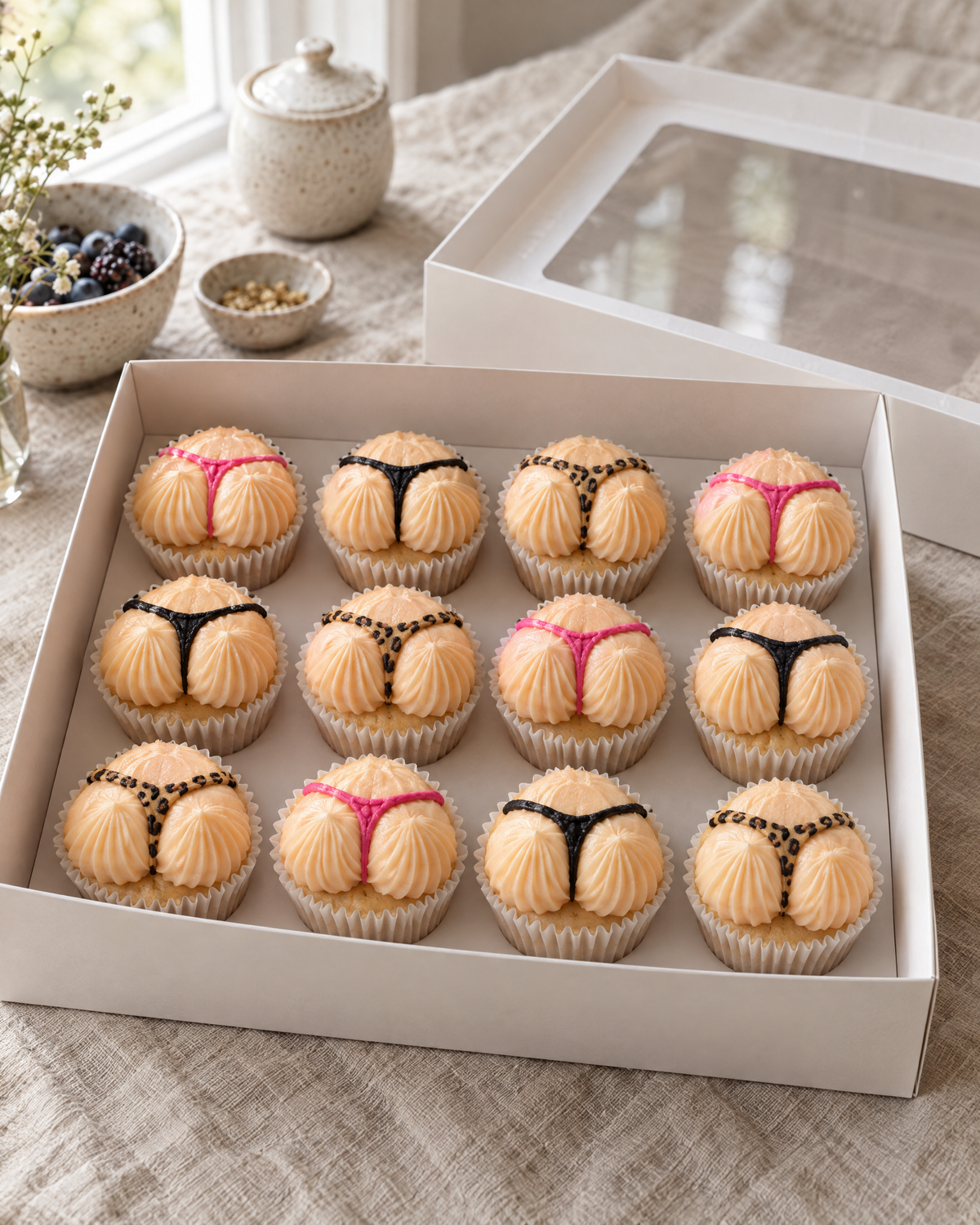 Cheeky Bums Cupcakes: twelve cupcakes in white cases, rows of four, each topped with a smooth peach-toned buttercream bum shape, two soft rounded domes, wearing a thin piped G-string; the G-strings alternate hot pink, black and leopard print