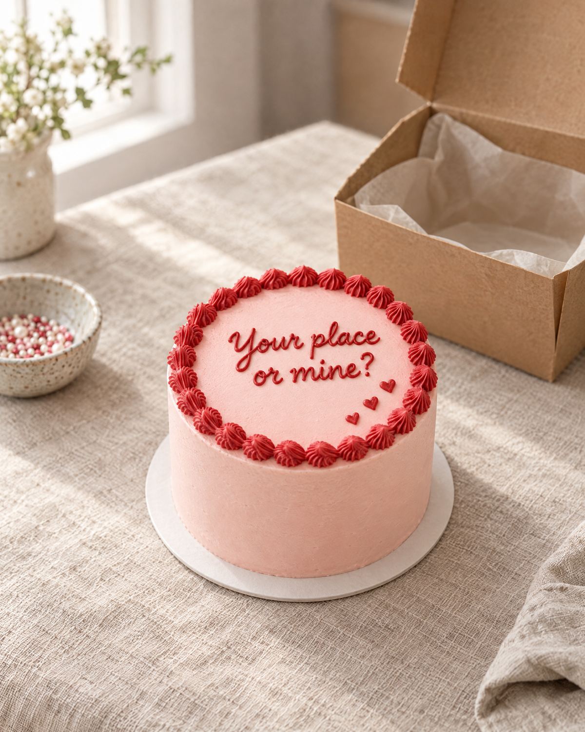 Cheeky Valentine's Bento: a 4 inch bento cake in smooth pale pink buttercream with a scarlet shell border round the top edge and three tiny piped scarlet hearts on one side of the top