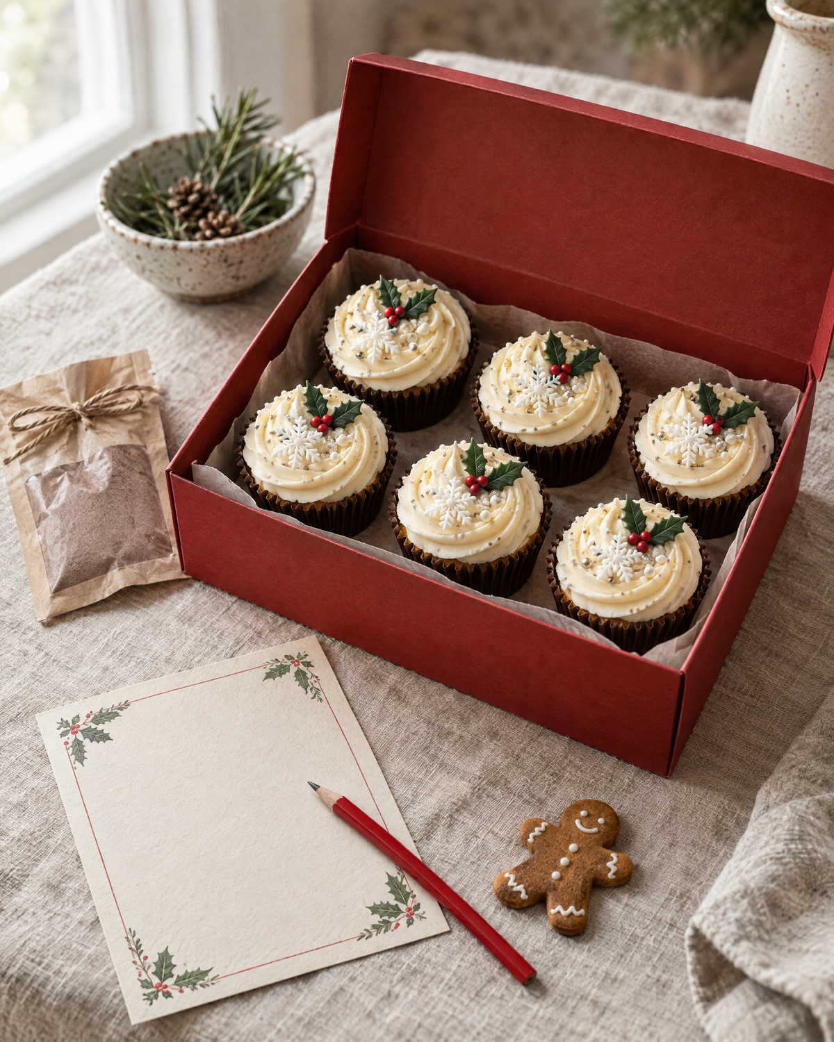 Christmas Eve Box, a red gift box with six white swirled Christmas cupcakes, a sachet of hot chocolate, a gingerbread man and a letter to Santa with a red pencil