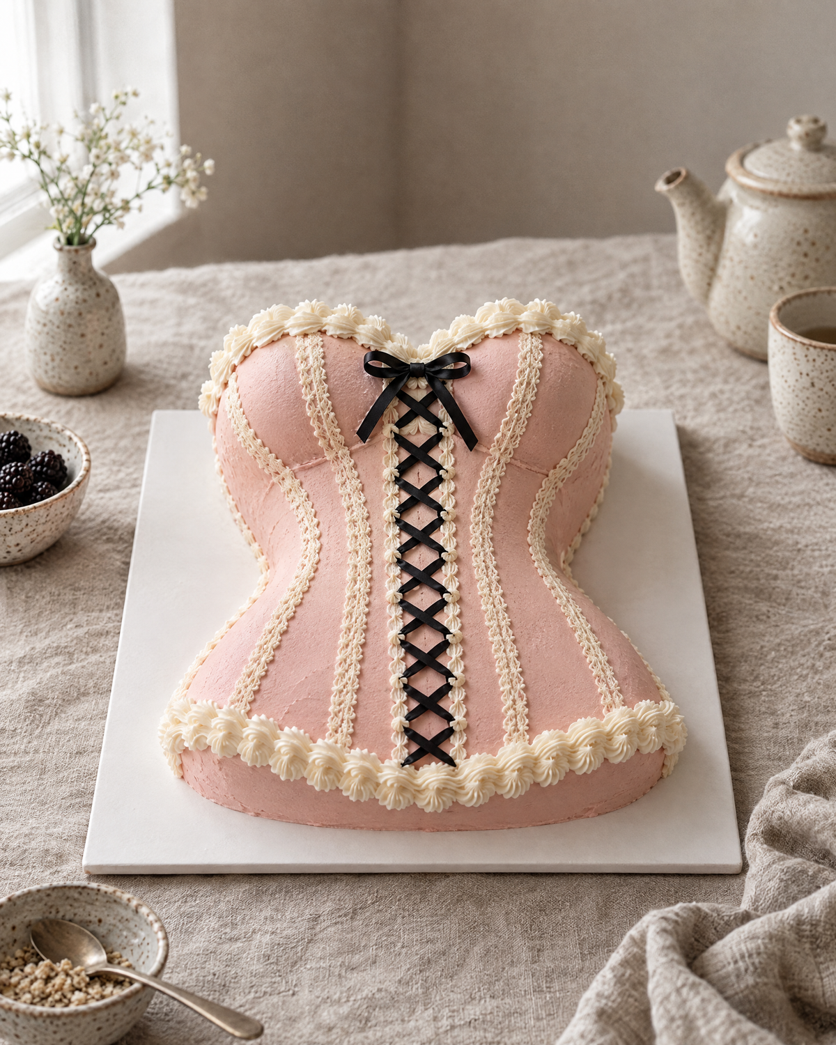Corset Cake: a sculpted corset bodice cake lying flat on the board, seen from the front: a curved hourglass bodice covered in smooth blush pink buttercream, panels outlined in fine ivory piped lace, black ribbon lacing criss-crossing up the centre front and tied in a small bow at the top, a ruffled ivory piped trim along the top and bottom edges