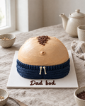 Dad Bod Cake: a comic sculpted cake of a man's round tummy lying on the board, seen from the front: one soft rounded belly in smooth light tan buttercream with a piped belly button and a little tuft of brown piped chest hair, wearing the waistband of navy swim shorts piped at the bottom