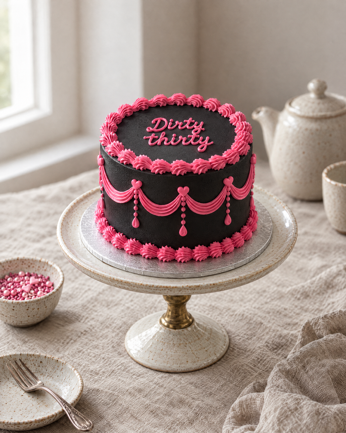 Dirty Thirty Lambeth Cake: a round cake in smooth black buttercream with hot pink Lambeth piping: a ruffled top edge, swags and drop lines round the side, a shell border at the base and small hot pink sugar hearts at the swag points