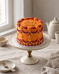 Diwali Lambeth Cake: a round cake in marigold orange buttercream with deep pink and gold shells and swags, piped marigold flowers round the top edge and tiny piped gold diyas on the side