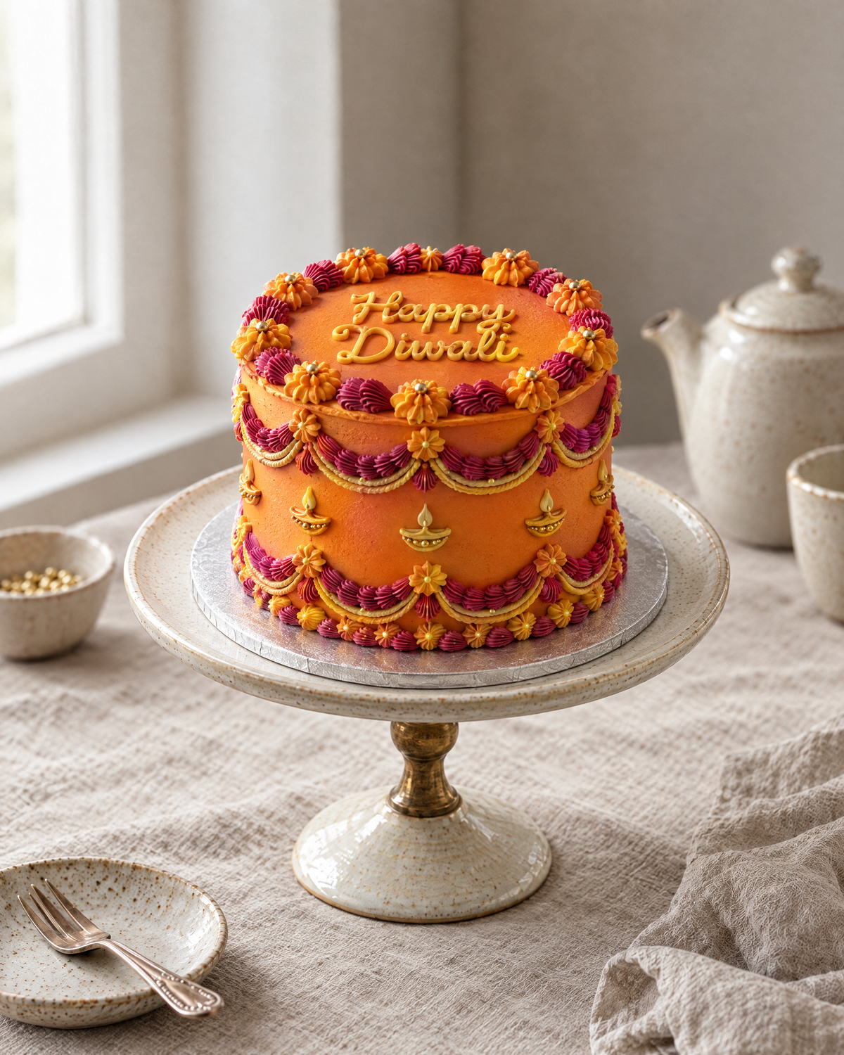 Diwali Lambeth Cake: a round cake in marigold orange buttercream with deep pink and gold shells and swags, piped marigold flowers round the top edge and tiny piped gold diyas on the side