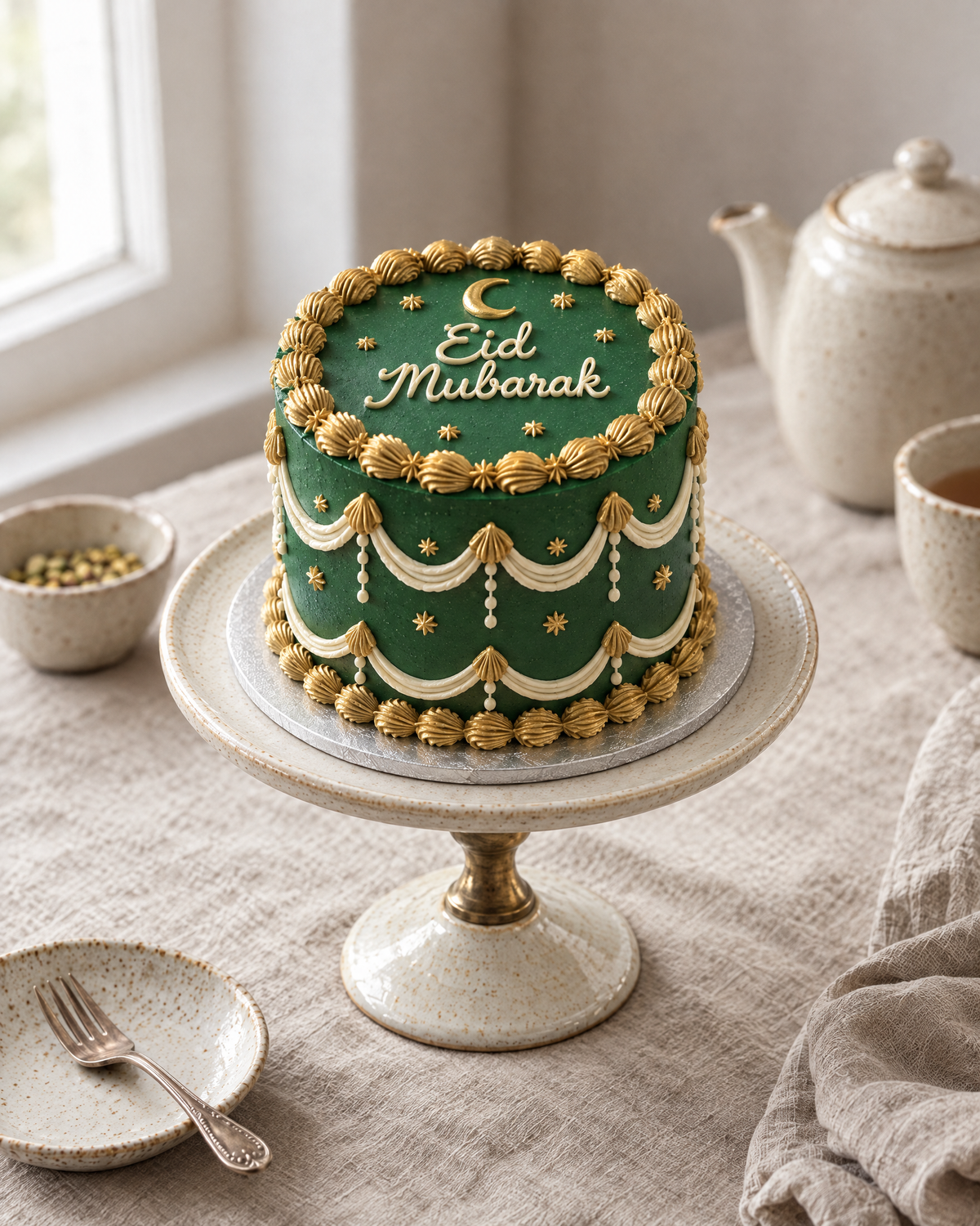 Eid Lambeth Cake: a round cake in emerald green buttercream with gold-painted shells and swags, ivory drop lines, small piped gold stars and a small gold crescent on top