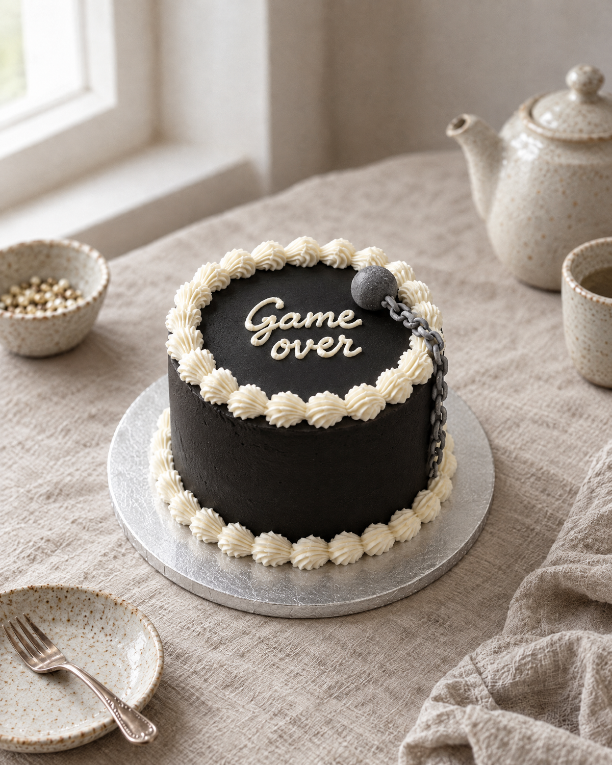 Game Over Cake: a round cake in smooth black buttercream with a white shell border on the top edge and base, and a small grey sugar ball and chain on the top beside the lettering, the chain draped over the edge