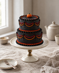 Gothic Lambeth Two Tier, two tiers of black buttercream with black swags and drop lines, red and orange beaded borders, a piped spider web and a sugar pumpkin on top
