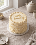 Happily Divorced Cake: a round cake in smooth champagne ivory buttercream with gold-painted Lambeth swags and shells, a small piped champagne coupe in gold beside the lettering and a scatter of tiny gold sugar stars on the top edge