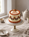 Hello Autumn Lambeth Cake in cream buttercream with burnt orange, mauve and olive piped swags, a small sugar pumpkin and Hello autumn piped inside a ring on top