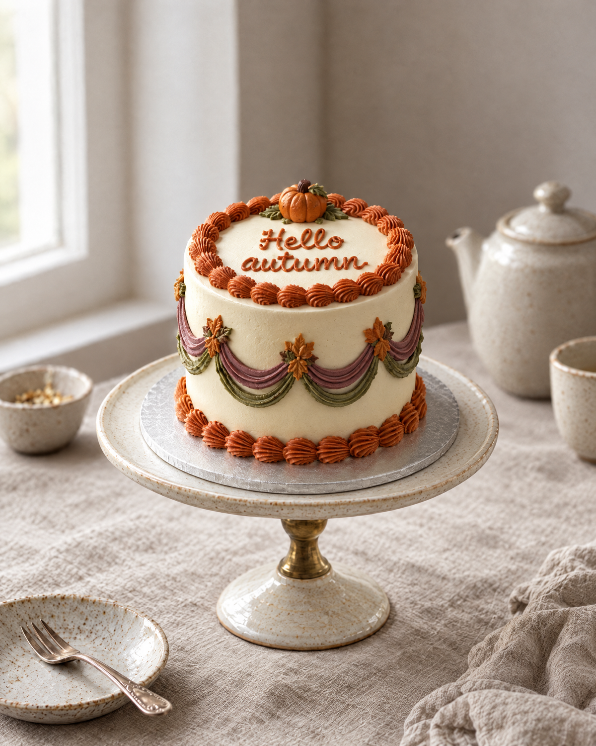 Hello Autumn Lambeth Cake in cream buttercream with burnt orange, mauve and olive piped swags, a small sugar pumpkin and Hello autumn piped inside a ring on top