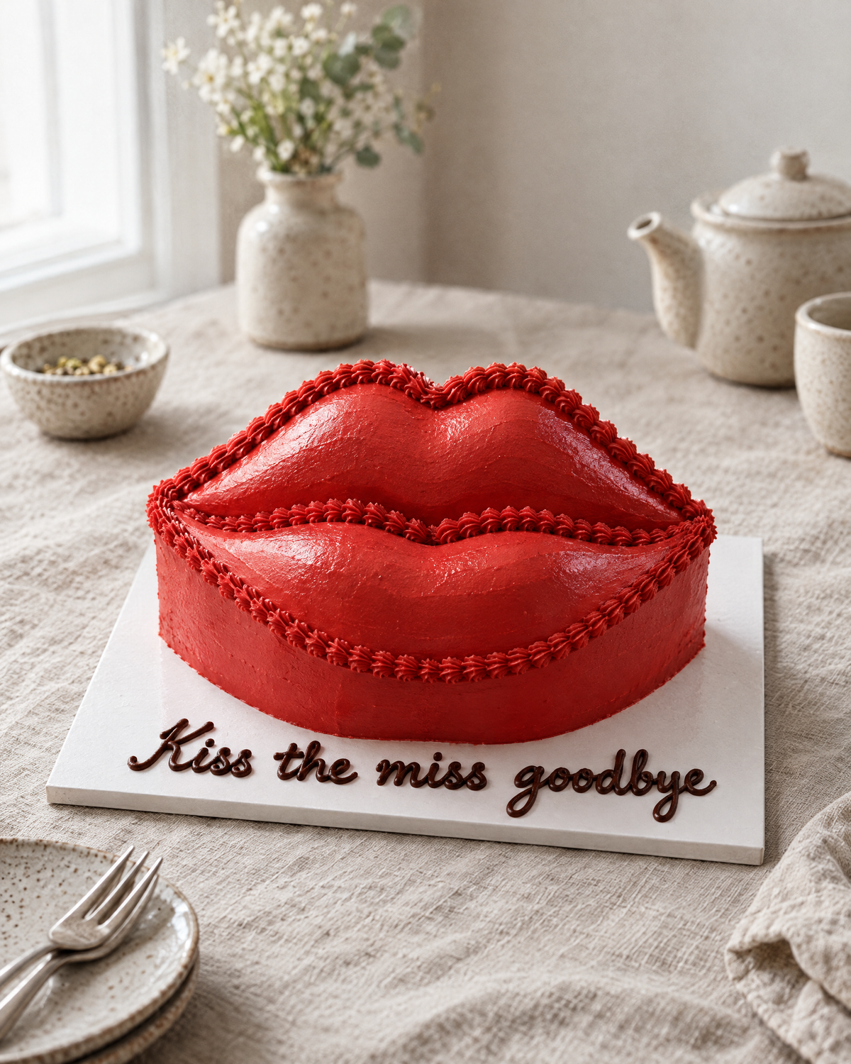 Kiss Kiss Lips Cake: a cake carved into big glossy red lips, covered in smooth red buttercream with a slight shine and a soft piped highlight on the bottom lip