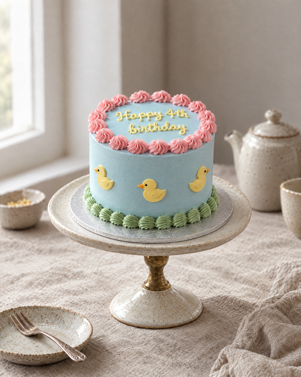 Little Ducks Lambeth Cake: smooth sky blue buttercream with pink rosettes round the top edge and a green shell border at the base, and three small flat yellow sugar ducklings on the sides