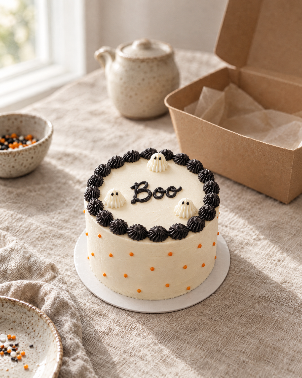 Little Ghost Bento, a small white bento cake with a black shell border, three little piped ghosts and Boo piped on top