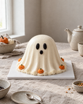 Little Ghost Cake, a sculpted ghost-shaped cake in smooth white buttercream with black piped eyes and mouth and little orange pumpkins round its hem