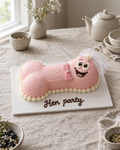 Naughty Hen Cake: a comic hen-party novelty cake lying flat on the board: a pale pink sculpted cartoon willy character with a big smiling face and two round eyes, wearing a short white tulle bridal veil and a small piped pink bow tie, covered in smooth pale pink buttercream, with a border of white piped shells round the board