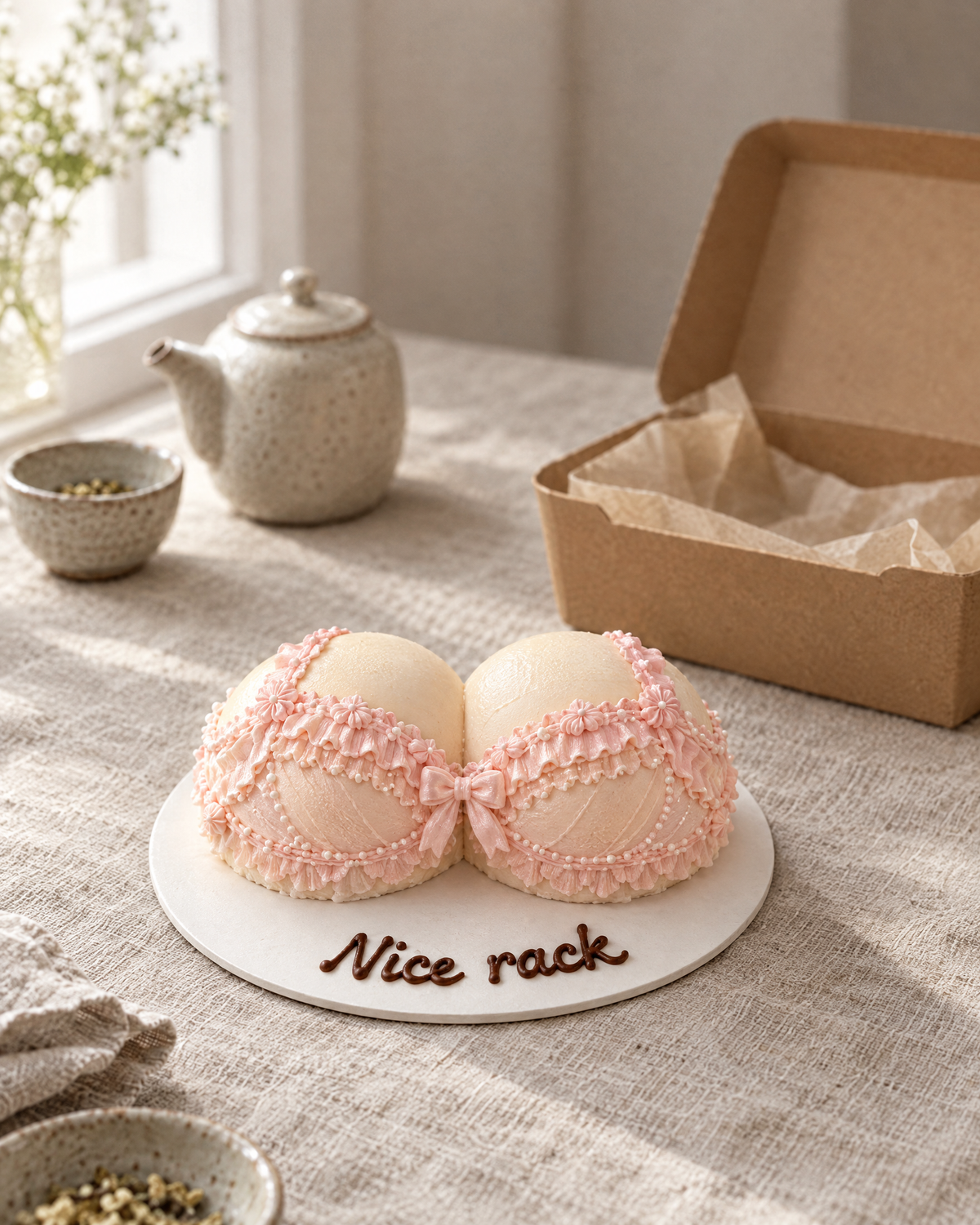 Nice Rack Bento: two small dome cakes side by side covered in smooth skin-toned buttercream, wearing a pale pink bra piped in lace-effect buttercream with a tiny satin bow in the middle, fully covered by the bra