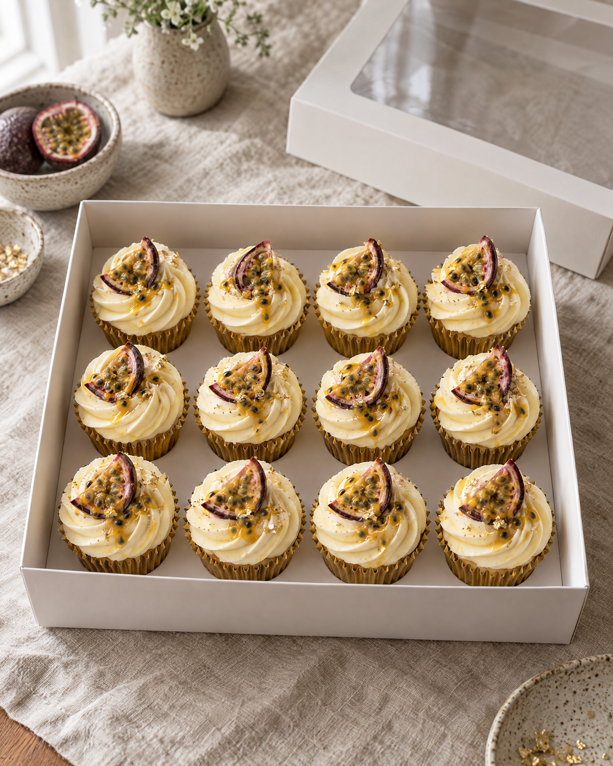 Pornstar Martini Cupcakes: twelve cupcakes in gold foil cases, rows of four, with pale yellow passion fruit buttercream swirls, each topped with half a fresh passion fruit, a drizzle of passion fruit seeds and a dusting of edible gold shimmer