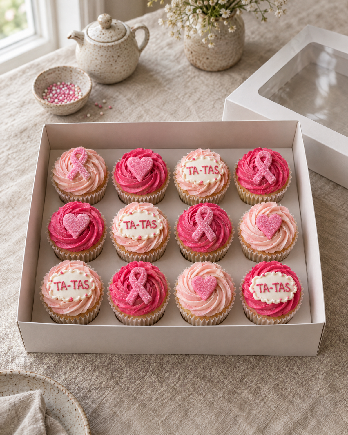 Save the Ta-Tas Cupcakes: twelve cupcakes in white cases with blush and hot pink buttercream swirls, rows of four, topped in turn with a pink sugar awareness ribbon, a pink sugar heart and a small white plaque reading TA-TAS in pink piped letters