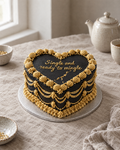 Single and Ready to Mingle Cake: a heart-shaped cake in smooth black buttercream with gold shells and ruffles on the heart outline and a small piped gold crack across the heart like a broken heart mended with gold