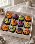 Spooky Swirls Cupcakes, twelve vanilla and chocolate cupcakes with orange, purple and green swirls, Halloween sprinkles and pumpkin face plaques
