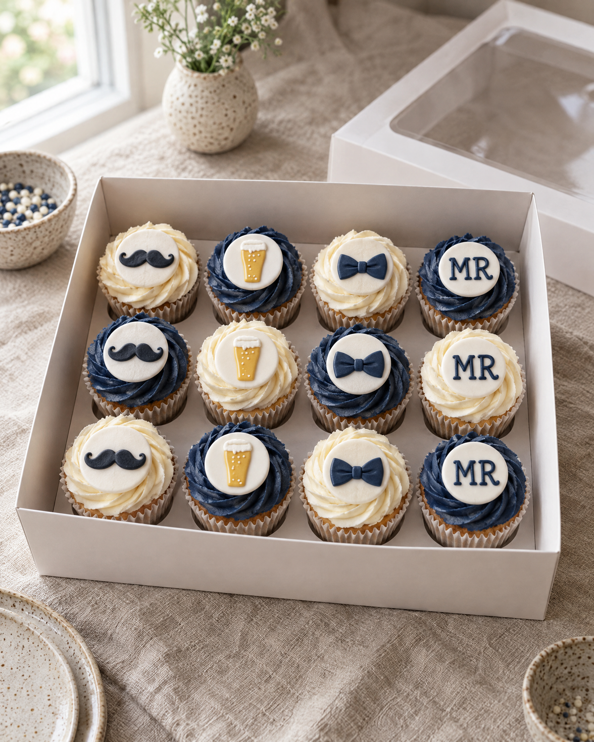 Stag Do Cupcakes: twelve cupcakes in white cases with navy and white buttercream swirls, rows of four, topped in turn with flat sugar discs: a black moustache, a pint of beer, a navy bow tie, and a white plaque reading MR in navy piped letters