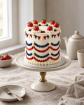 Summer Bunting Lambeth Cake: a tall round cake in white buttercream with navy and red wavy lines and swags, small piped bunting flags in red, white and navy round the top, and fresh strawberries with cream rosettes on top