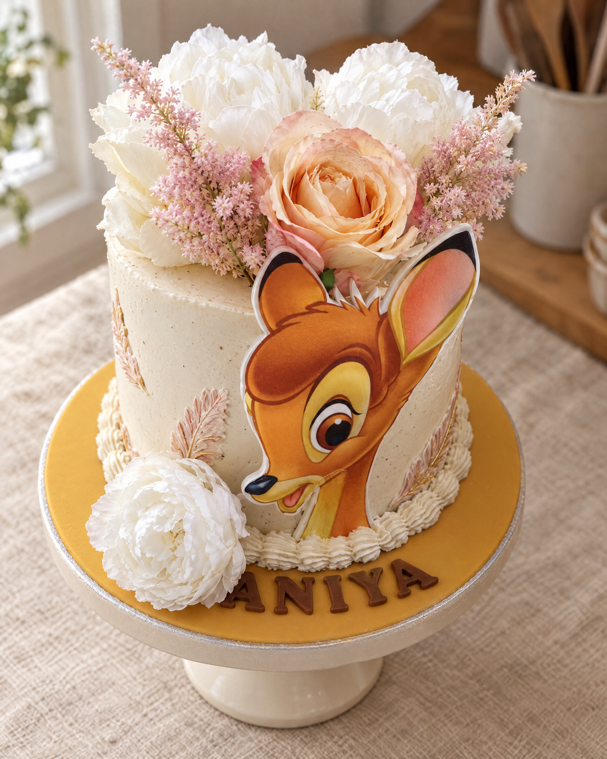 Close view of the Fawn Floral Cake's fawn topper, roses and pink astilbe