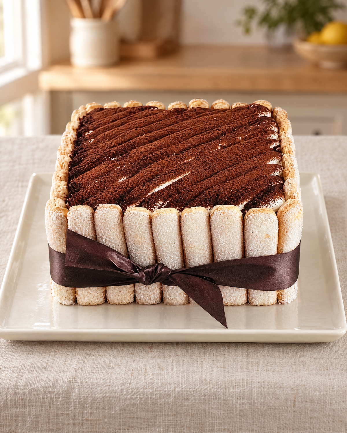 Our Grand Tiramisu from the front: sponge fingers, cocoa-ridged top and a brown ribbon bow, on a square platter