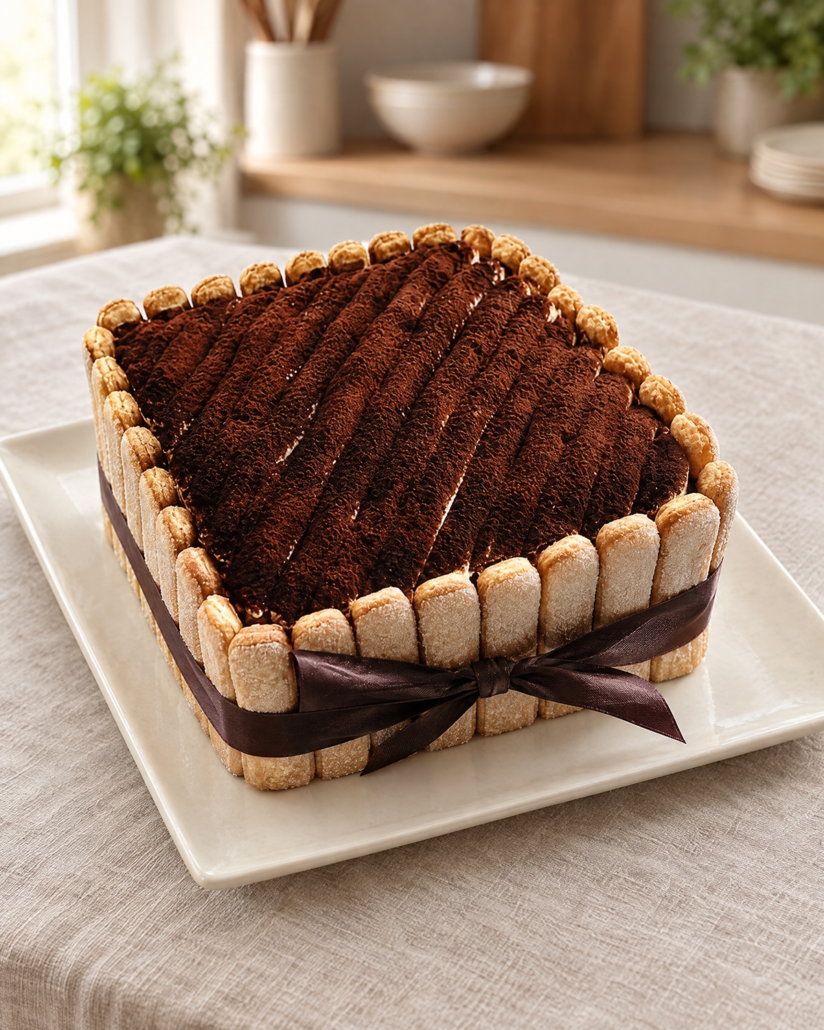 Our Grand Tiramisu, square, ringed with sponge fingers, cocoa-dusted top and a brown ribbon bow, on a square platter