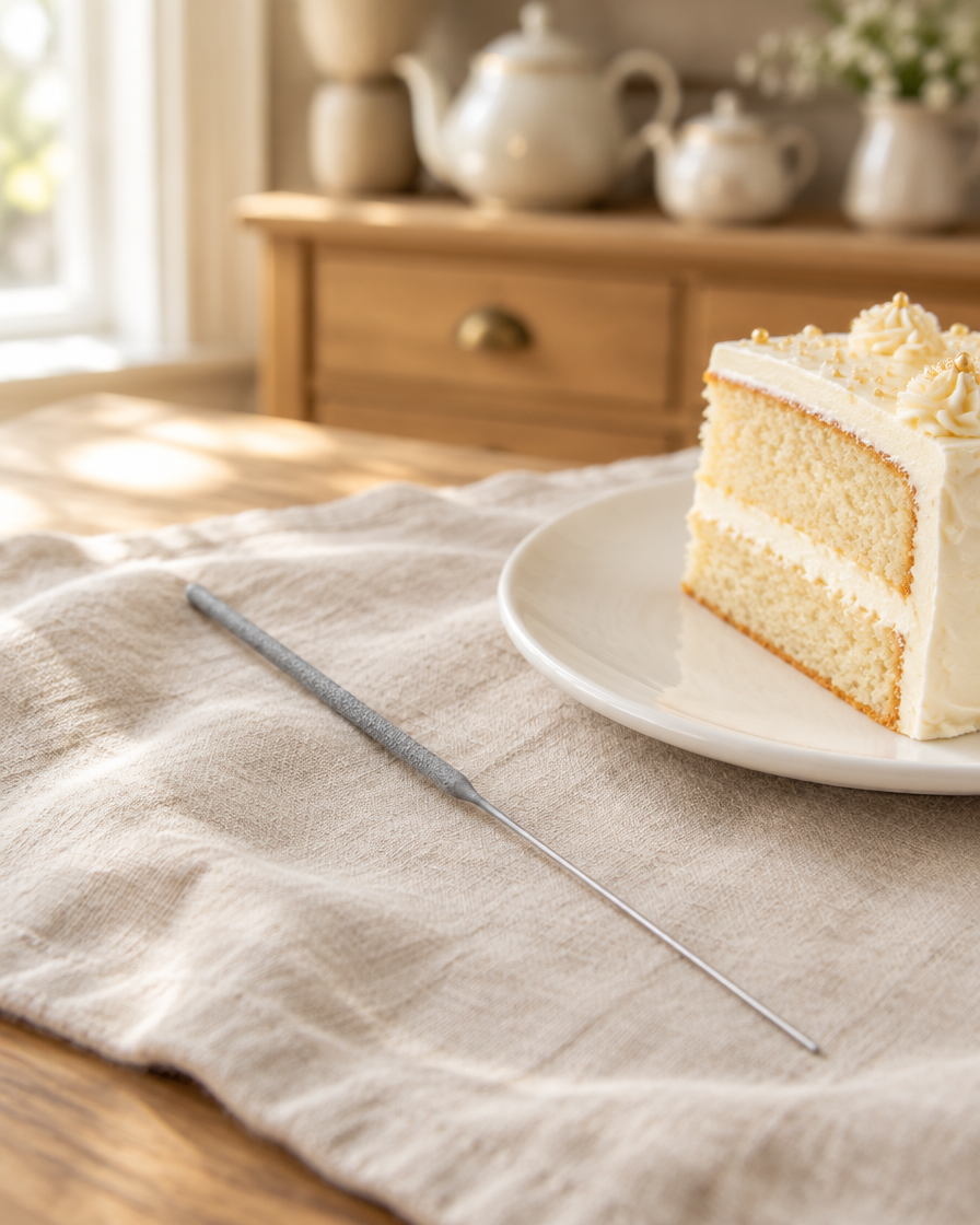 Sparkler Candles, a silver sparkler candle on a linen cloth beside a slice of vanilla sponge with white buttercream