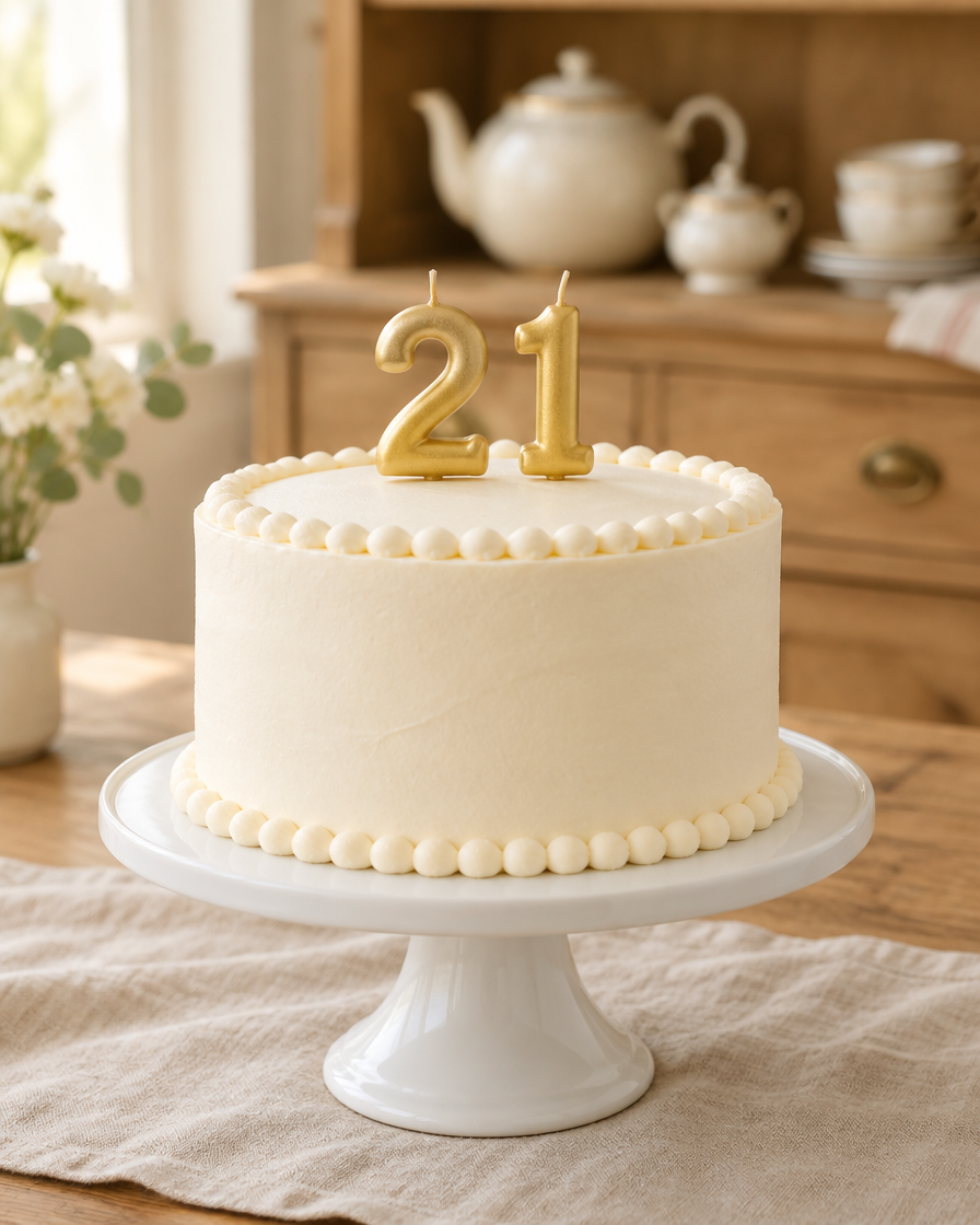 Number Candles, gold number 2 and 1 candles on a white buttercream cake with a piped pearl border