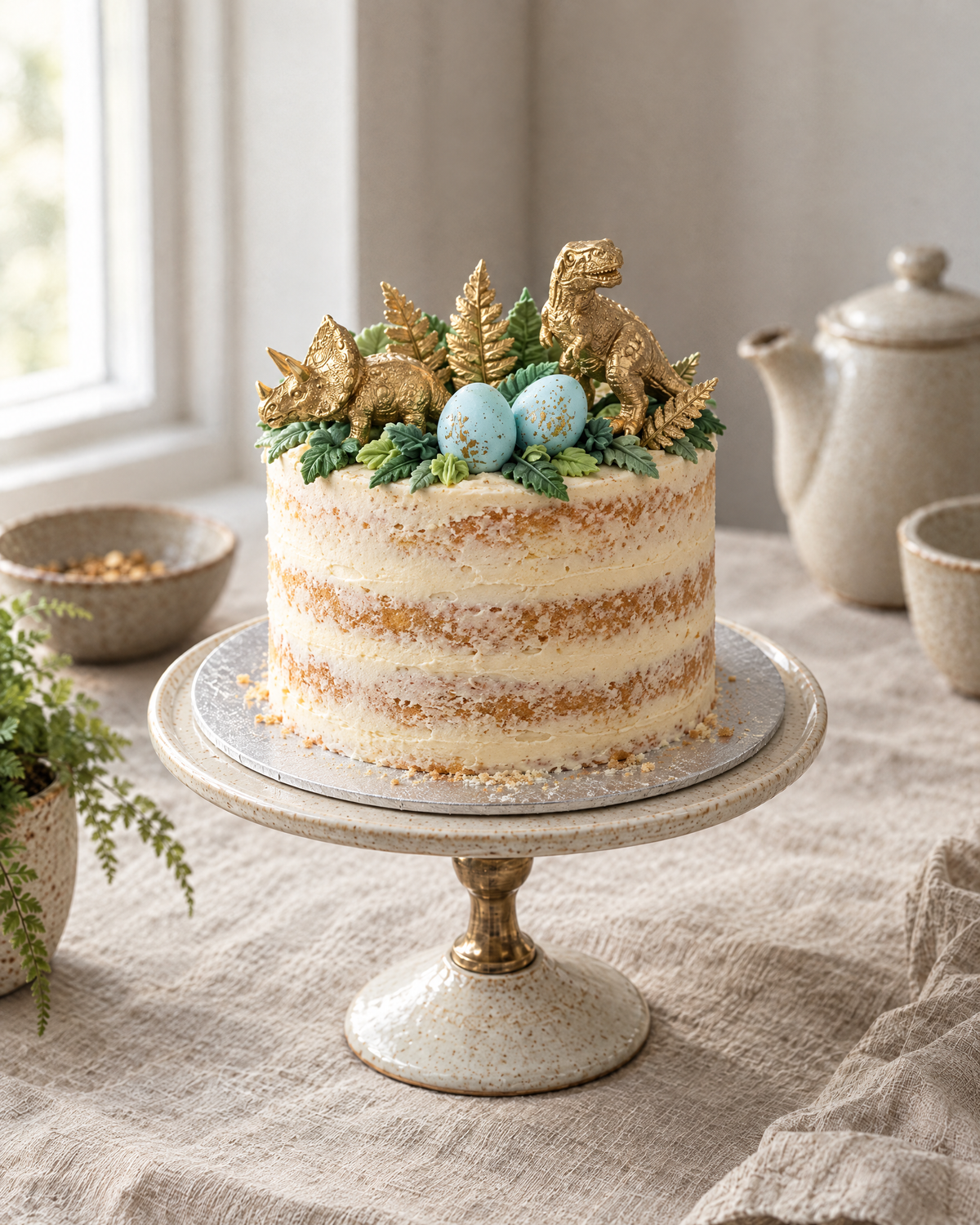 Semi-naked cake with gold dinosaurs, gold ferns and blue speckled eggs on top