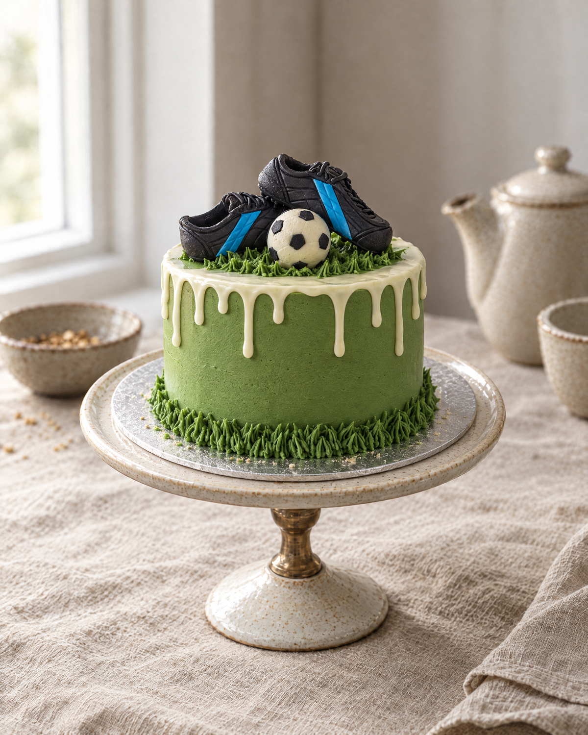 Grass-green drip cake with piped grass and sugar paste football boots and ball on top