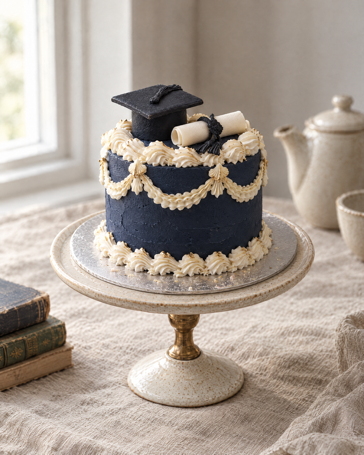 Navy cake with ivory Lambeth piping, a graduation cap and a rolled scroll on top