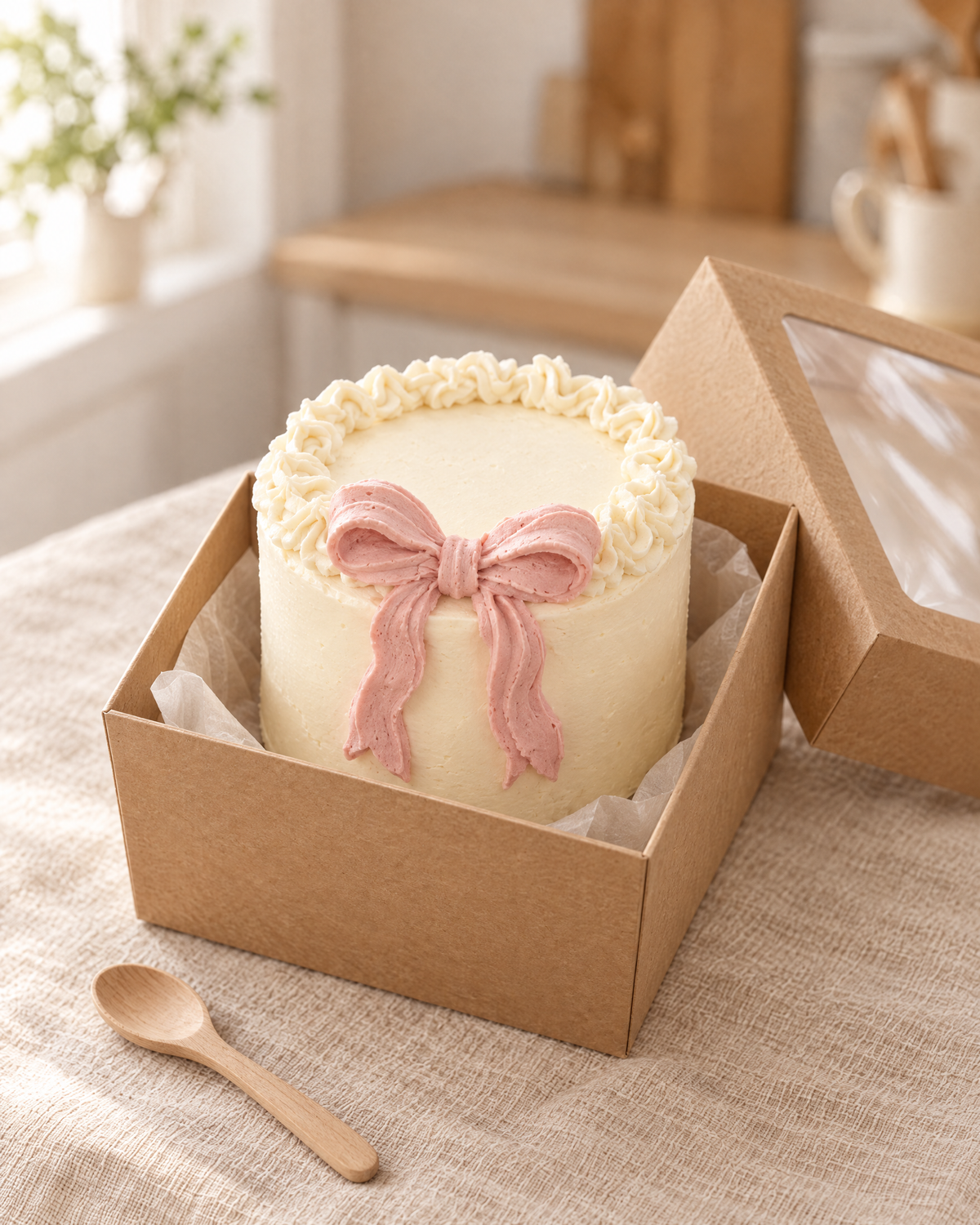 Small ivory bento cake with a ruffled edge and a piped dusty rose bow