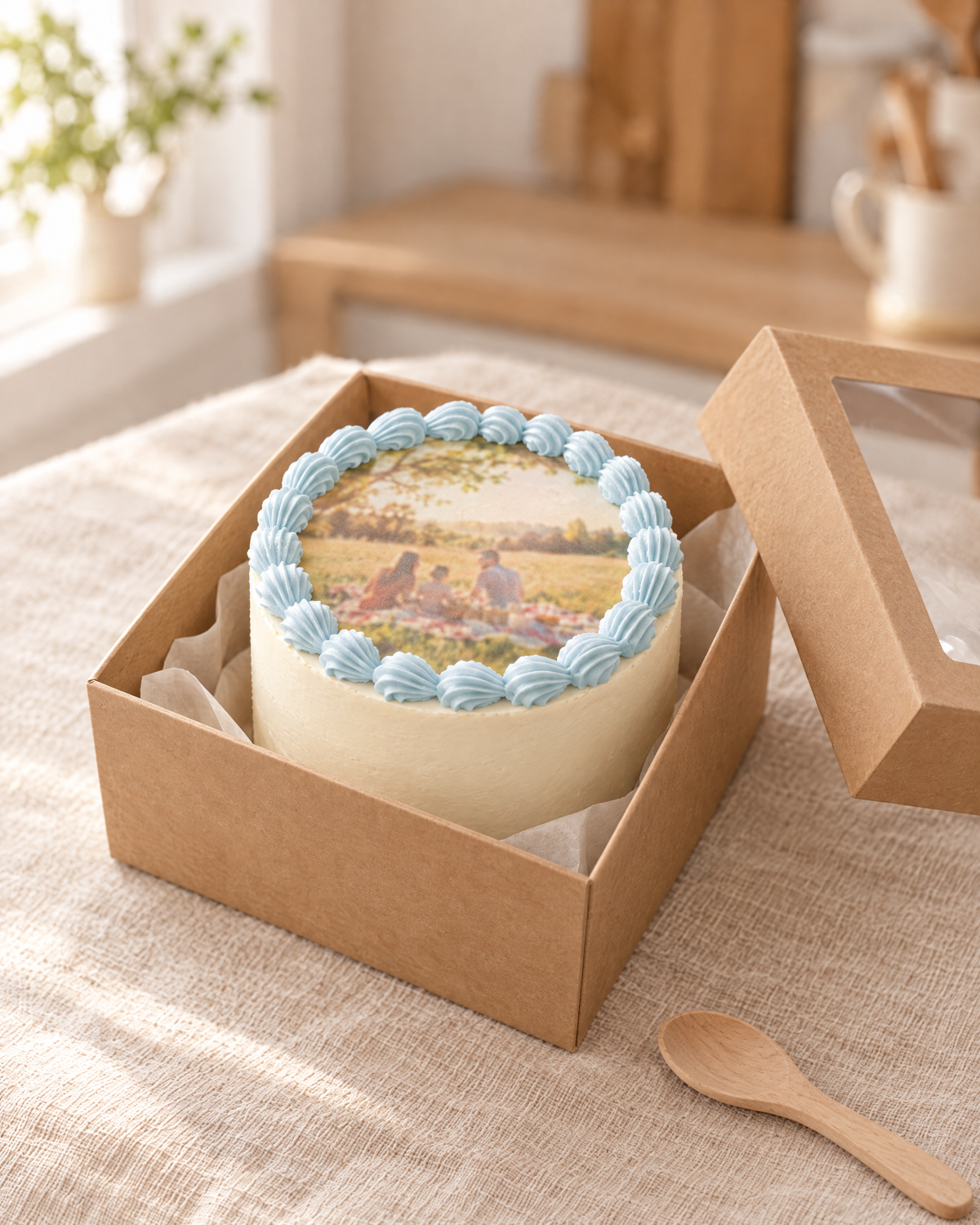Small white bento cake with a blue shell border and an edible printed photo on top